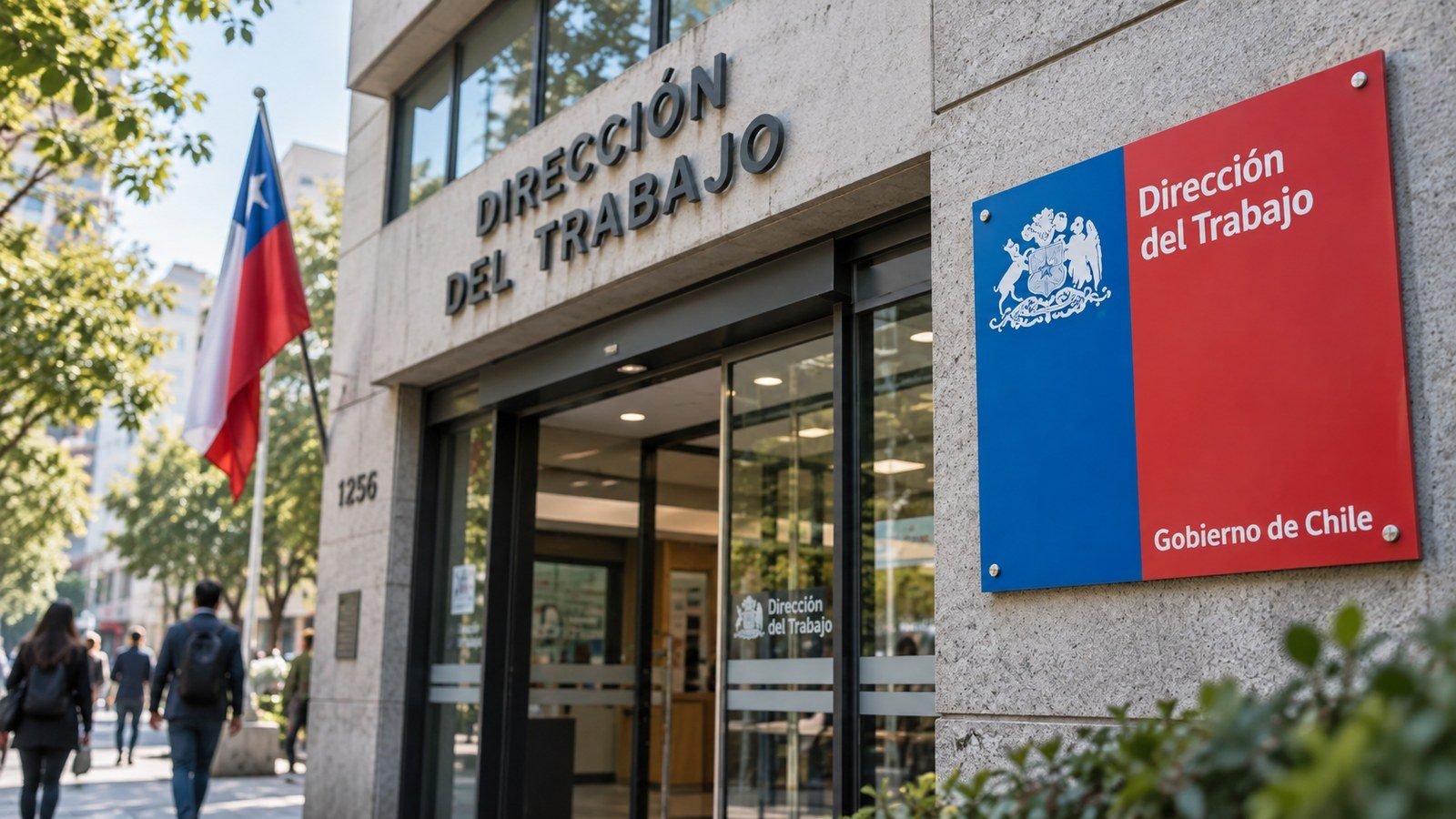 fachada y letrero de la Dirección del Trabajo, con la bandera de Chile de fondo
