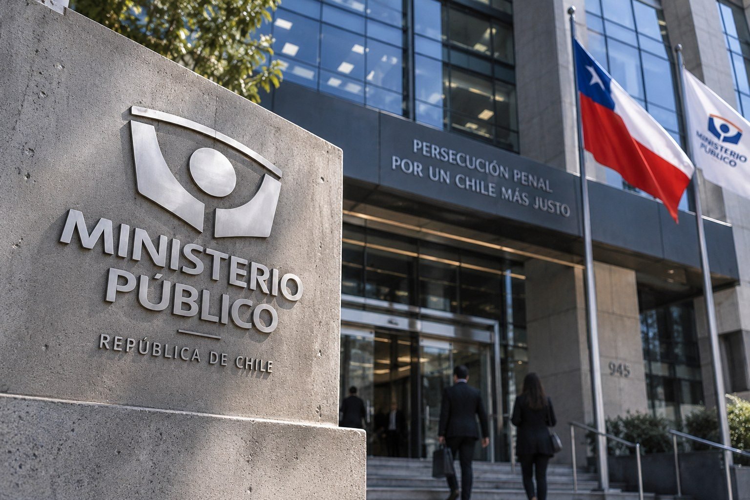 letrero del Ministerio Público en la fachada de su edificio, con la bandera de Chile de fondo