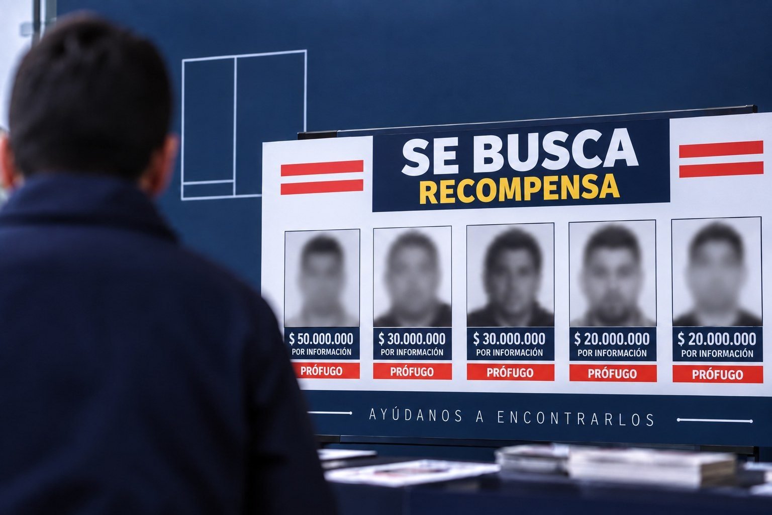 cartel "Se busca, recompensa" con fotografías desenfocadas de prófugos y montos de recompensa por información