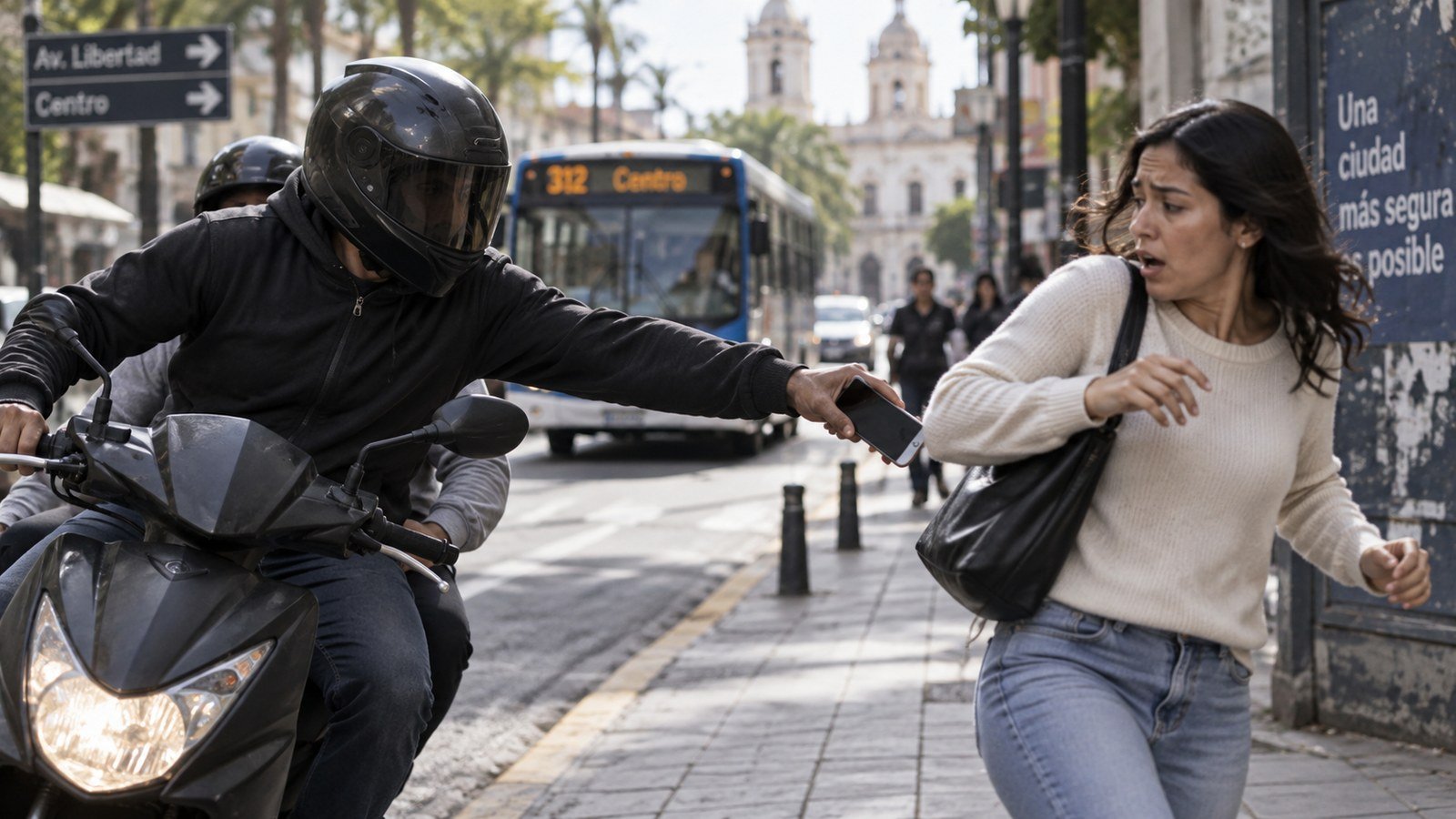 un hombre en motocicleta arrebata un teléfono celular a una mujer en la calle