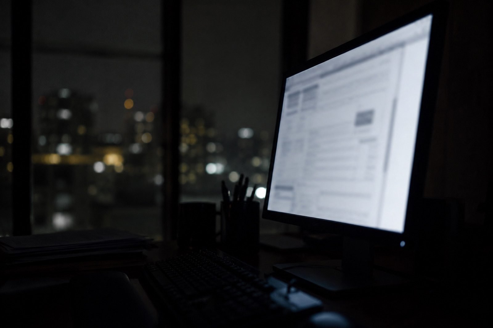 Monitor encendido en una oficina a oscuras, con la ciudad iluminada al fondo