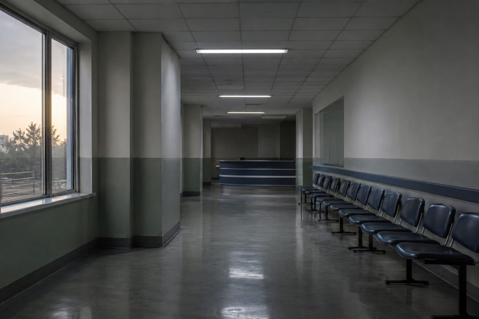 Pasillo vacío de un centro de atención con sillas de espera alineadas y el mesón de recepción apagado al fondo